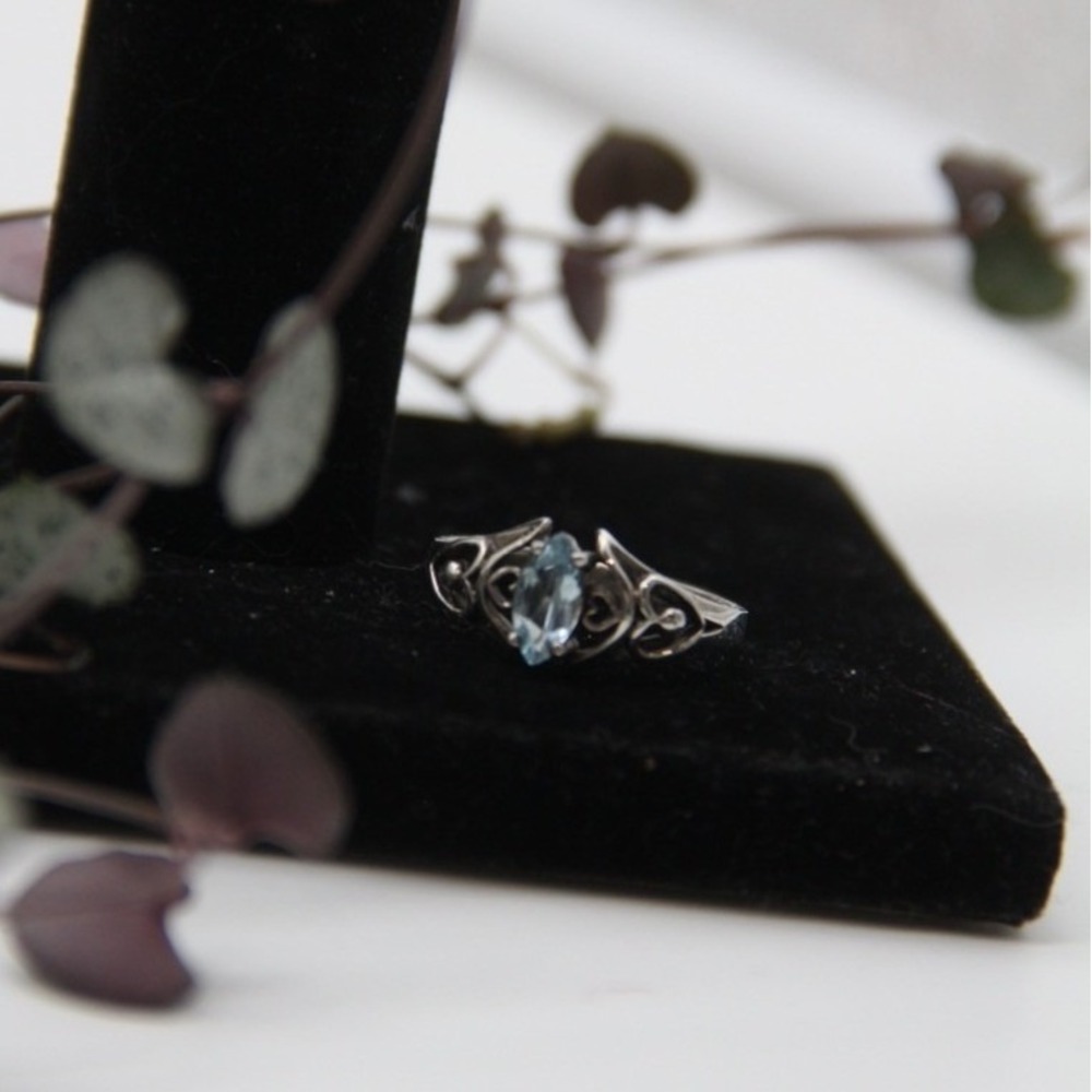 Sterling Silver 925 Blue Oval Topaz December Birthstone Ring Double Heart Size 7